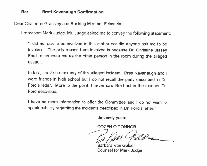 Judge's attorney sent his statement to Senate Judiciary Committee leaders on Tuesday.