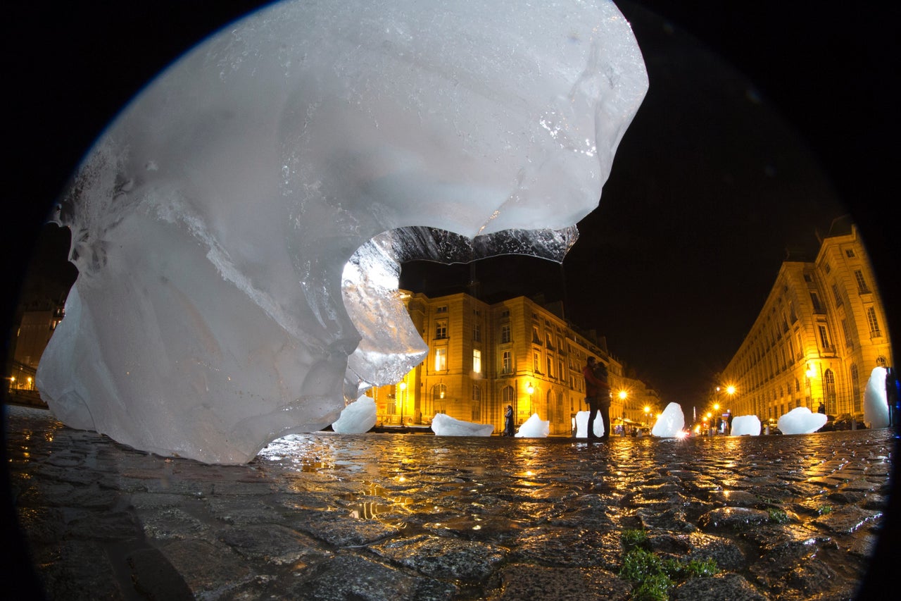 "Ice Watch", an art installation by Danish-Icelandic artist Olafur Eliasson, on display in Paris in December 2015.