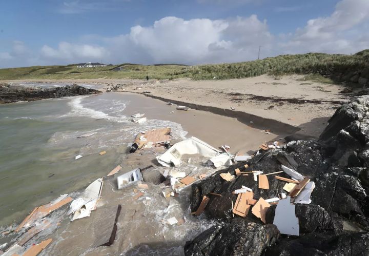 The scene in Claddaghduff, in Co Galway after a woman died when her caravan was blown off a cliff in Storm Ali 