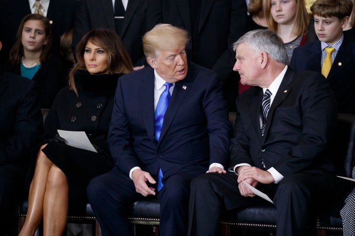 Franklin Graham with Trump at a ceremony honoring the late Billy Graham at the U.S. Capitol on Feb. 28. In an interview with the Christian Broadcasting Network, Franklin Graham said Blasey’s allegation is “not relevant.”