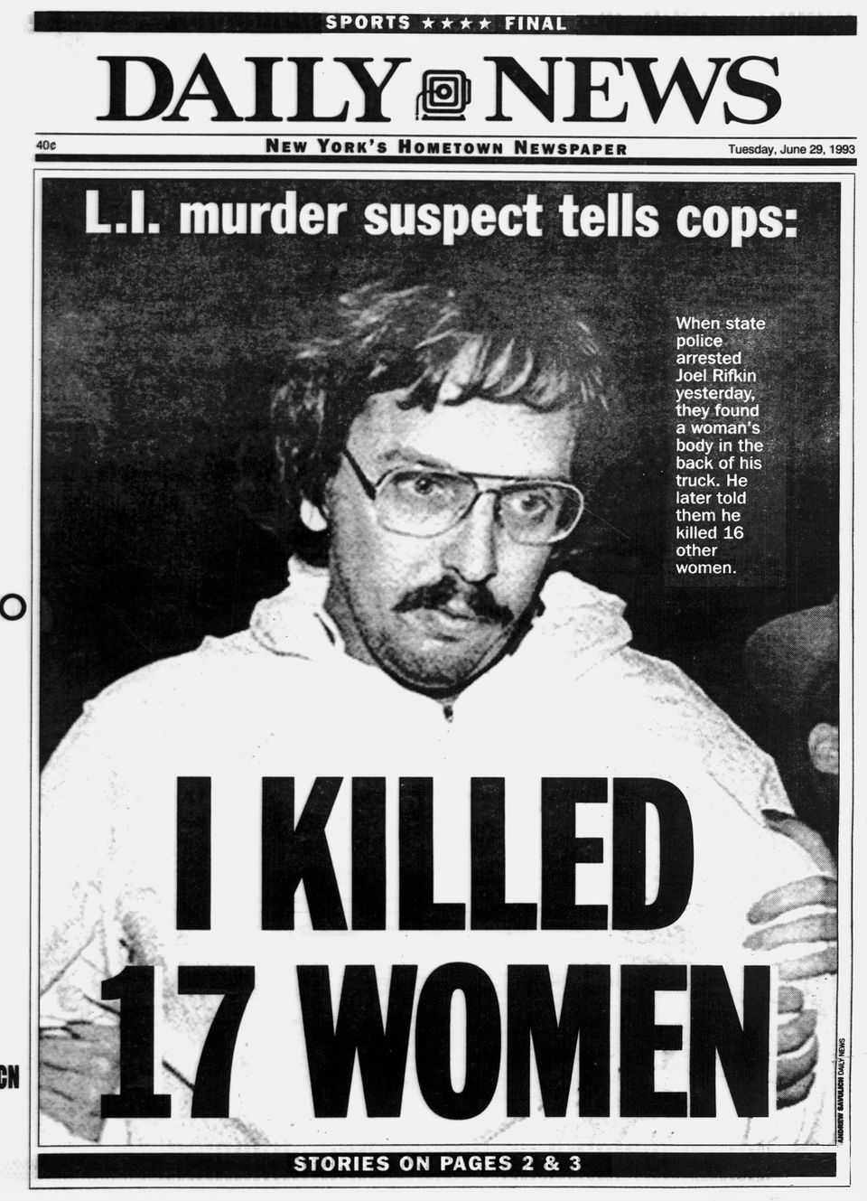 Daily News Frontpage dated June 29, 1993, L.I. murder suspec