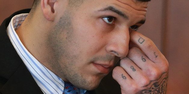 FALL RIVER, MA - FEBRUARY 7: Hernandez appeared for a pre-trial hearing at Bristol County Superior Court. Aaron Hernandez, a former New England Patriots player, pleaded not-guilty to murder and weapons charges related to the death of Odin Lloyd of Dorchester. (Photo by Jonathan Wiggs/The Boston Globe via Getty Images)