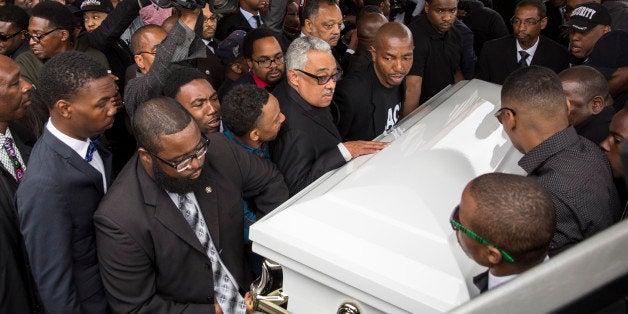 BALTIMORE, MD - APRIL 27: Pallbearers carry the casket of Freddie Gray to the hearse after his funeral service at New Shiloh