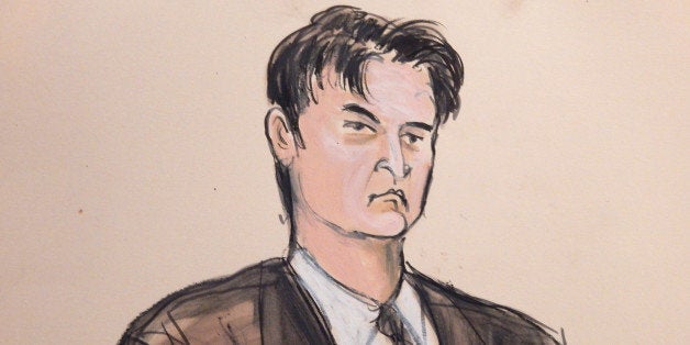 This courtroom sketch, shows defendant Ross William Ulbricht as the deputy recites the word ᅢ까タᅡワguiltyᅢ까タᅡン multiple times