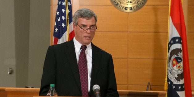 CLAYTON, MO - NOVEMBER 24: St. Louis County Prosecutor Robert McCulloch announces the grand jury's decision not to indict Ferguson police officer Darren Wilson in the shooting death of Michael Brown on November 24, 2014, at the Buzz Westfall Justice Center in Clayton, Missouri. Ferguson has been struggling to return to normal after Brown, an 18-year-old black man, was killed by Darren Wilson, a white Ferguson police officer, on August 9. His death has sparked months of sometimes violent protests in Ferguson. (Photo by Cristina Fletes-Boutte-Pool/Getty Images)