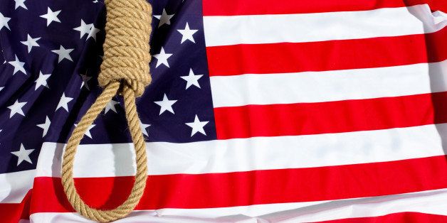 Hang knot on American flag. Death penalty gallows,