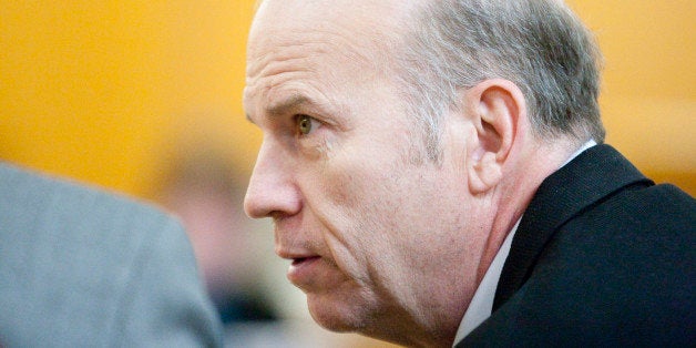 Scott Roeder confers with his attorney during his first-degree murder trial, Thursday, January 28, 2010, in Wichita, Kansas. (Photo by Jeff Tuttle/Wichita Eagle/MCT via Getty Images)