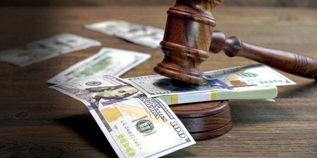 Concept For Corruption, Bankruptcy Court, Bail, Crime, Bribing, Fraud, Auction Bidding. Judges or Auctioneer Gavel, Soundboard And Bundle Of Dollar Cash On The Rough Wooden Textured Table Background.