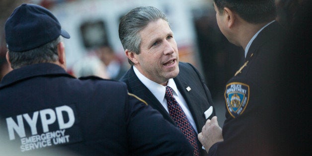 NEW YORK, NY - DECEMBER 26: PBA president Patrick Lynch outside Christ Tabernacle Church prior to his wake on December 26, 2014 in the Glendale neighborhood of the Queens borough of New York City. Ramos was killed along with NYPD officer Wenjian Liu as they sat in their patrol car on December 20. (Photo by Andrew Theodorakis/Getty Images)