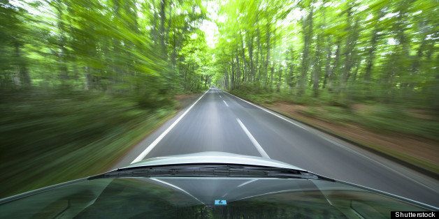 car driving fast into forest
