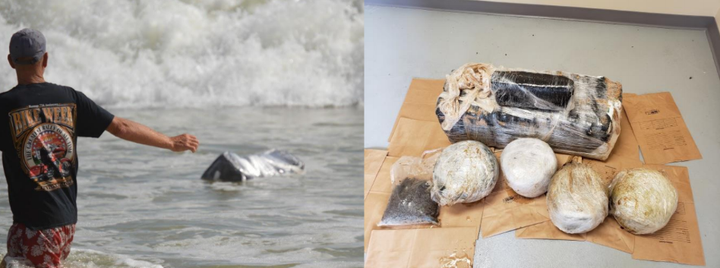 Flagler County Sheriff's Office shared photos of a person finding a package of marijuana in the surf and bundles of marijuana recovered by police.