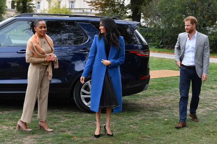 Meghan, Duchess of Sussex arrives with her mother, Doria Ragland and Prince Harry, Duke of Sussex to host an event to mark the launch of a cookbook. 