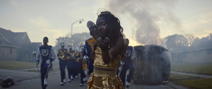 A marching band performs Miley Cyrus’ "We Can't Stop" during the end-credit sequence for “Assassination Nation.”