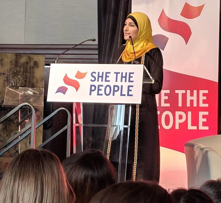 Linda Sarsour, a She the People organizer, addresses the summit in San Francisco on Sept. 20.