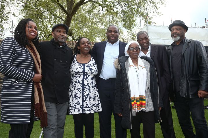 Labour MPs David Lammy (centre) and Dawn Butler (left) with members of the Windrush generation (left to right) Anthony Bryan, aged 60, who arrived from Jamaica in 1965; Sarah O'Connor, 56, who arrived from Jamaica in 1967; Paulette Wilson, 62, who arrived from Jamaica in 1968; Sylvester Marshall, 63, who arrived from Jamaica in 1973, and Elwaldo Romeo, 63, who arrived from Antigua in 1959, during a photocall in Westminster, London.