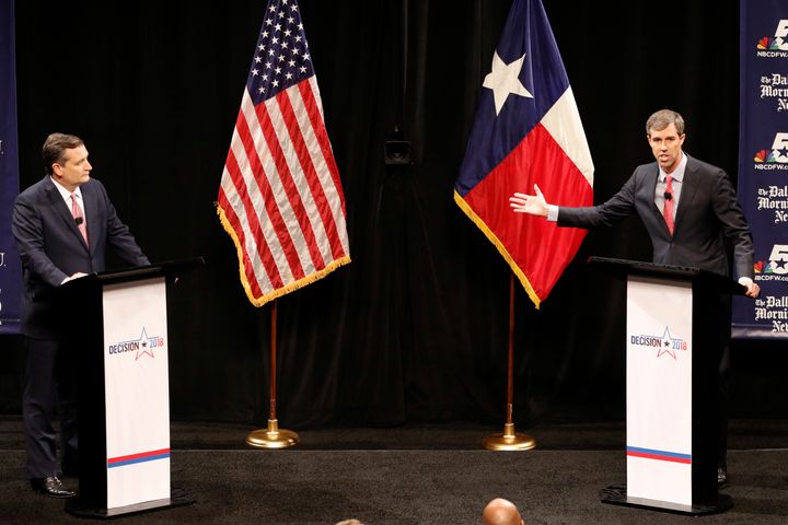 Republican U.S. Senator Ted Cruz and Democratic U.S. Representative Beto O'Rourke in their first debate for Texas U.S. Senate in McFarlin Auditorium at SMU on September 21, 2018 in Dallas, Texas.