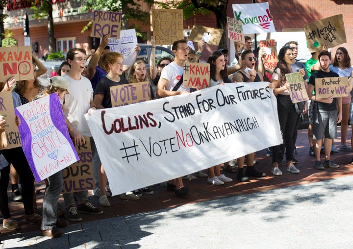 Students rally outside Sen. Susan Collins' office in Portland on Friday, Sept. 14, 2018.