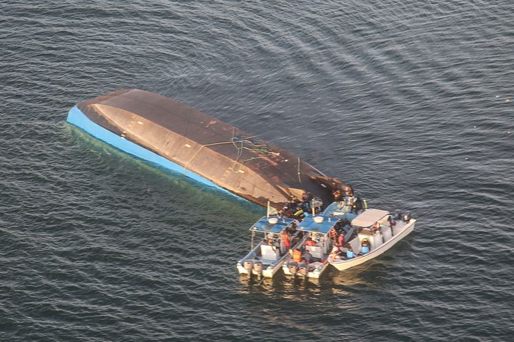 An aerial image shows the capsized ferry MV Nyerere which killed hundreds of people in Lake Victoria, Tanzania, on Thursday.