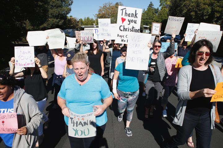 Supporters of Dr. Christine Blasey Ford march and chant in Palo Alto, Calif., on Sept. 20, 2018.
