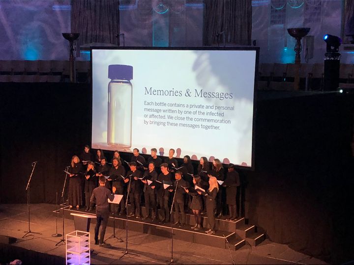The London Contemporary Voices choir sings The Sound of Silence during a commemoration ceremony at the Infected Blood Inquiry opening today