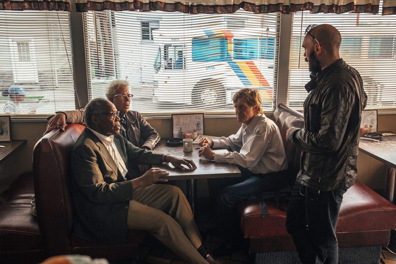 David Lowery directs Danny Glover, Tom Waits and Robert Redford in a scene from "The Old Man & the Gun."