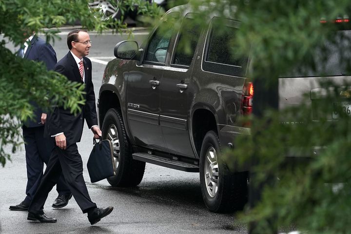 Deputy Attorney General Rod Rosenstein leaves after a meeting at the White House on Monday. Rosenstein is expected to meet with President Donald Trump on Thursday.