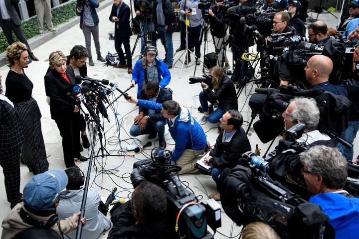 Attorney Gloria Allred speaks to the press alongside several Cosby accusers on the first day of the comedian's sentence heari