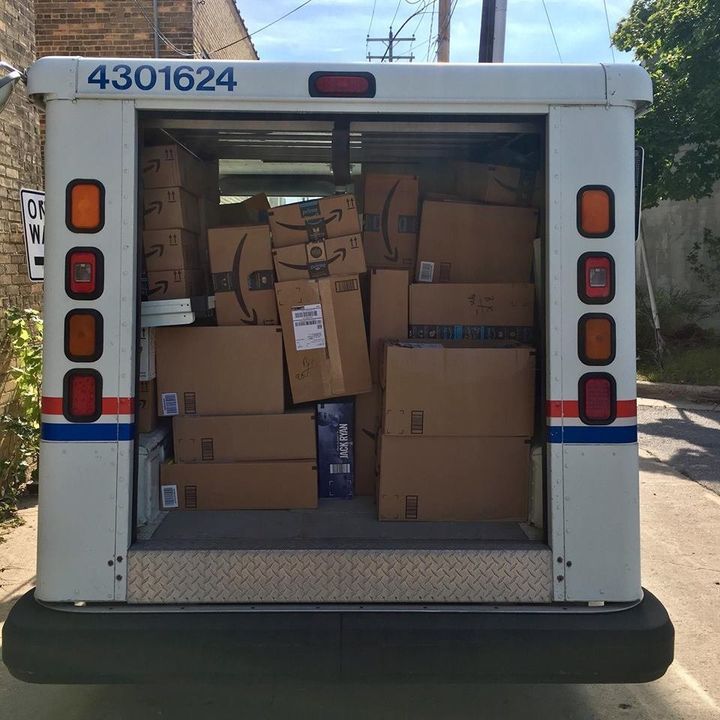 A mail truck packed to the brim with donations to Safe Haven.
