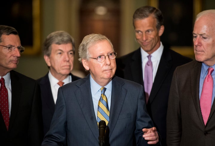 Senate Majority Leader Mitch McConnell, center, called the latest accusation against Supreme Court nominee Brett Kavanaugh "a