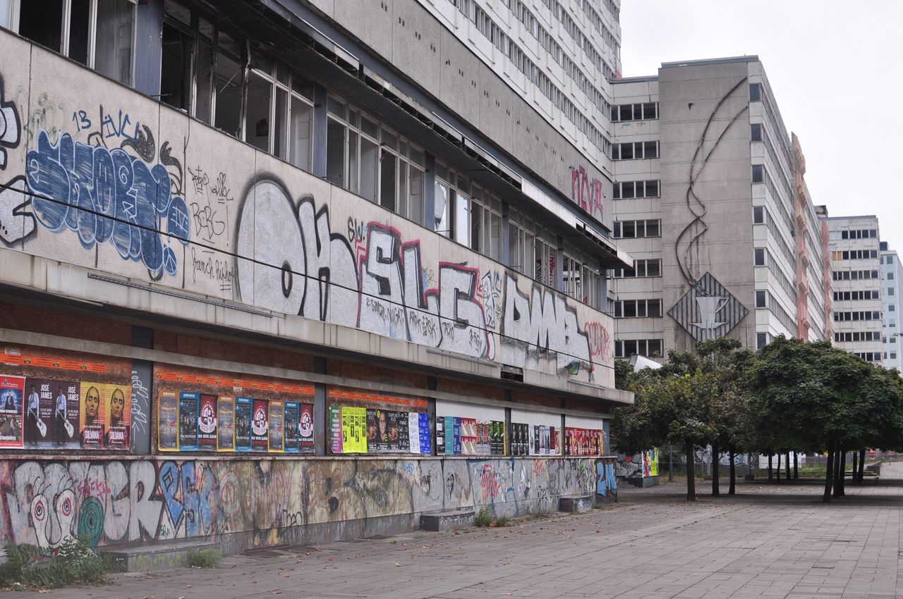 Graffiti on the Haus der Statistik building in Berlin's Alexanderplatz district. The complex has been empty since 2008.