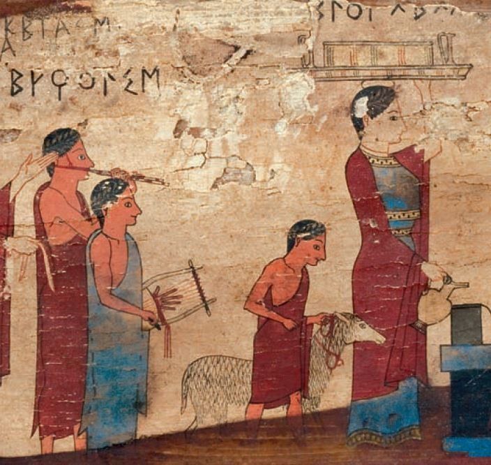 Πίτσας Κορινθίας. Γραπτός ξύλινος πίνακας με σκηνή θυσίας Περ. 540 π.χ. Αθήνα Αρχαιολογικό Μουσείο