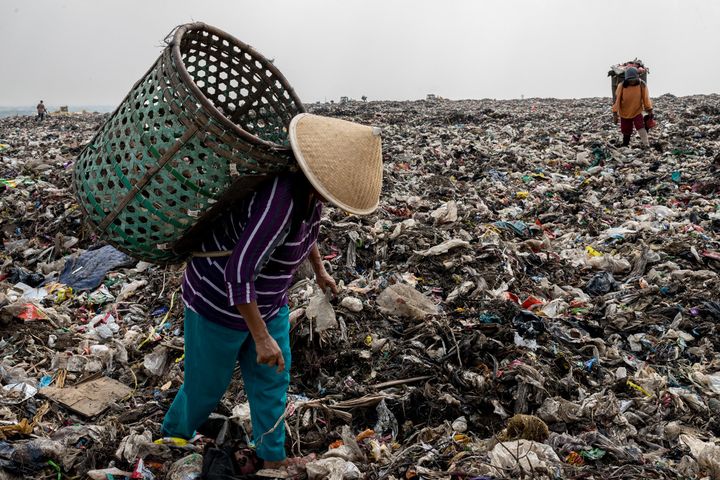 Mak Muji, 55, collects plastic garbage on the top of the waste mountain that is Indonesia's largest landfill. Every day at dawn, she crosses the road separating her village from the trash and climbs into the dump to earn her living. In her spare time, she attends to the pregnant women who live nearby.