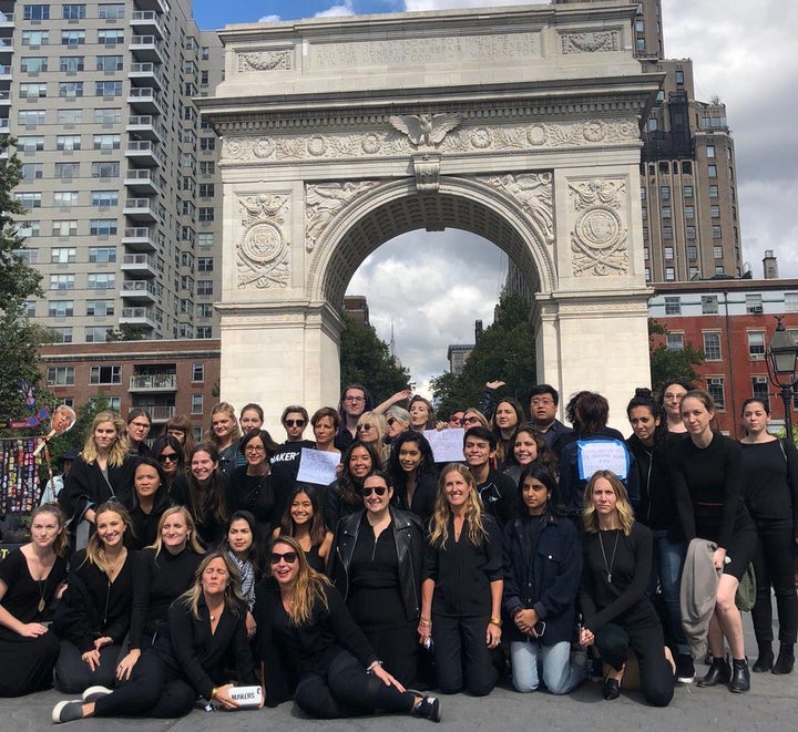 Women gather in Washington Square Park in New York during the walkout in support of Brett Kavanaugh's accusers and sexual assault survivors.