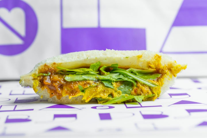 PBJ.LA's "Indian" sandwich is made with curried cashew butter, spicy mango chutney, arugula and sliced daikon radish.