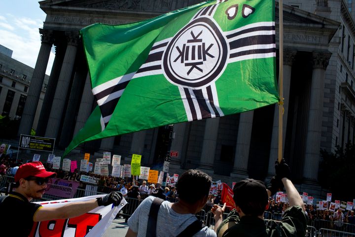 A Kekistan flag at an anti-Muslim rally in New York on June 10, 2017. 