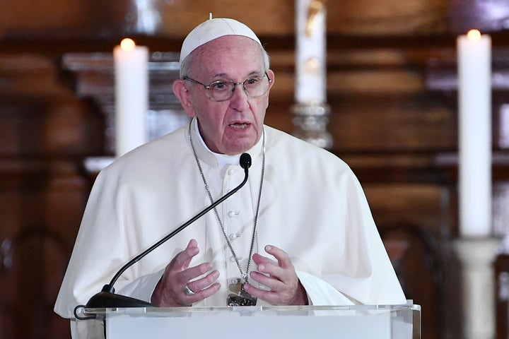 Pope Francis delivers a speech at an ecumenical meeting with young people on September 25, 2018 at Charles Lutheran Church 