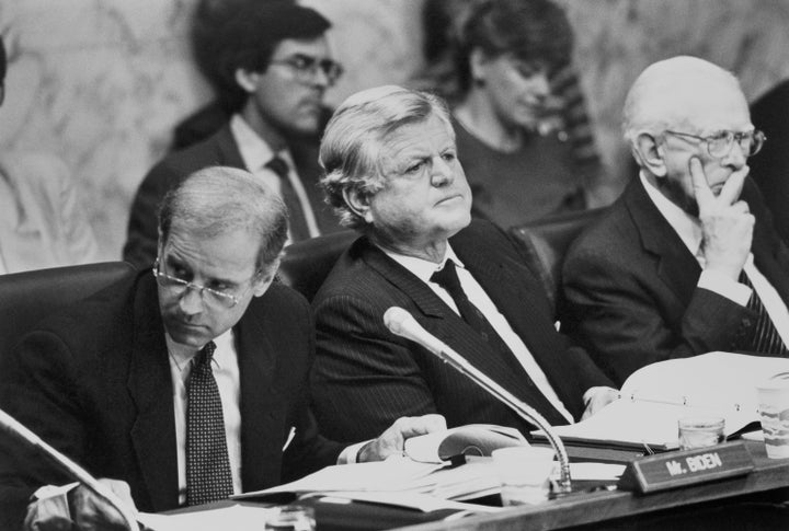 The Democrats on the Senate Judiciary Committee in 1991 were all white men, including Sens. Joe Biden, left, Ted Kennedy and