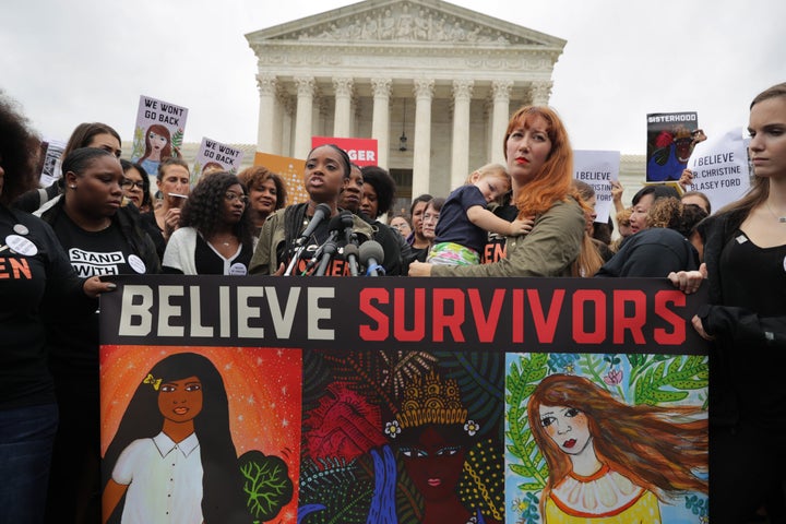 Women rallied on the steps of the Supreme Court on Monday against the confirmation of Brett Kavanaugh.