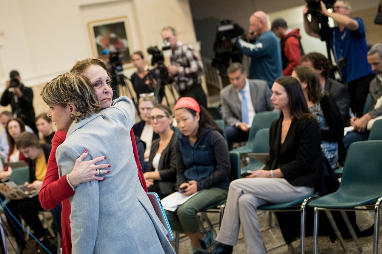 Cosby accuser Sunni Welles hugs attorney Gloria Allred before reading her victim impact statement on Sept. 25, 2018, in Norristown, Pennsylvania. 