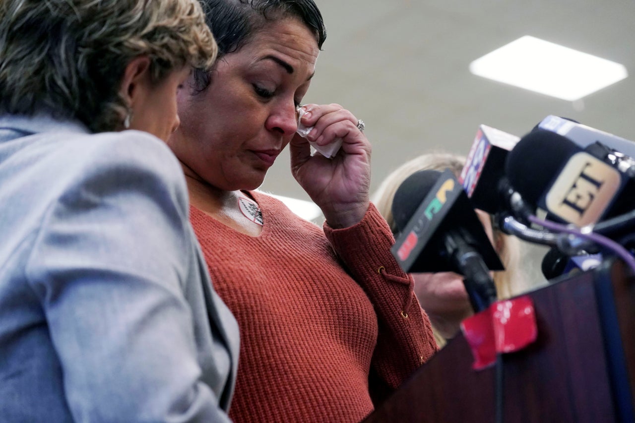 Chelan Lasha, who has accused actor and comedian Bill Cosby of sexual assault, speaks at a press conference following his sentencing, in Norristown, Pennsylvania, on Sept. 25, 2018. 