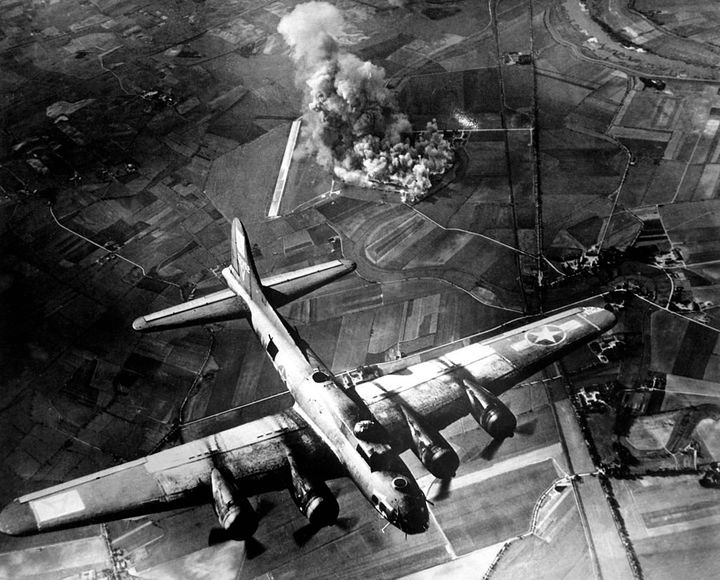 A raid by the 8th Air Force on the Focke Wulf factory at Marienburg, Germany (1943)