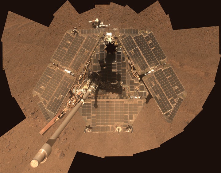 NASA's Mars Exploration Rover Opportunity, seen in 2014, has gone into hibernation mode after a global dust storm blocked its solar panels, NASA said.<br>The rover has operated well beyond its expected longevity on the Red Planet.