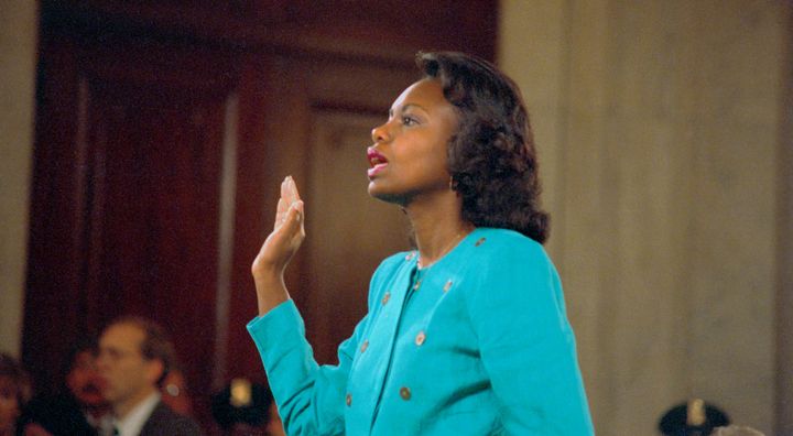 Anita Hill is sworn in before testifying at the Senate Judiciary Committee hearing on Clarence Thomas in 1991.