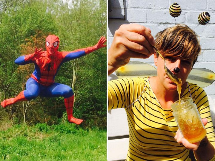 Nikki dressed as Spiderman and a bee. 