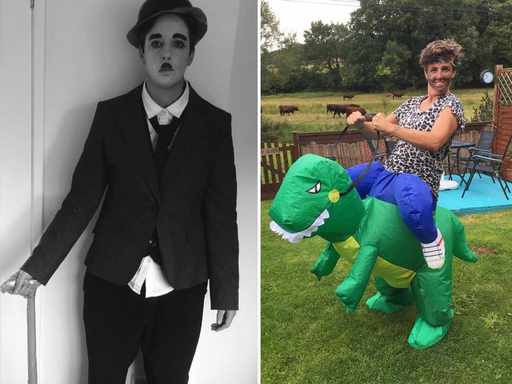 Nikki dressed as Charlie Chaplin and a dinosaur-riding cave woman.
