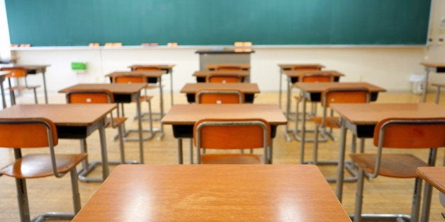 School classroom with school desks and blackboard in Japanese high school