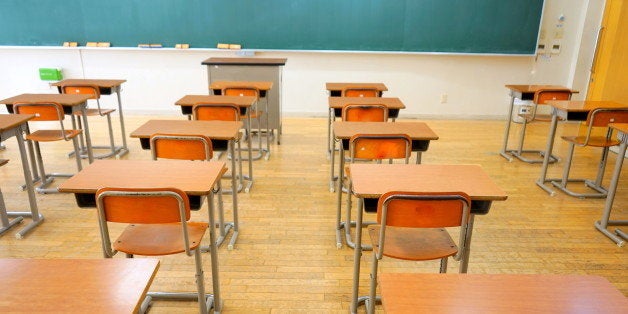 School classroom with school desks and blackboard in Japanese high school