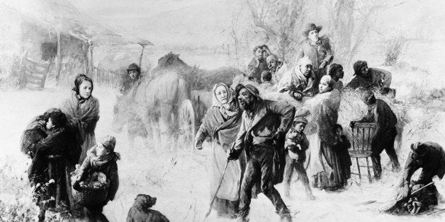 A painting after The Underground Railroad by Charles T. Webber shows Levi Coffin, his wife Catherine, and Hannah Haydock assi