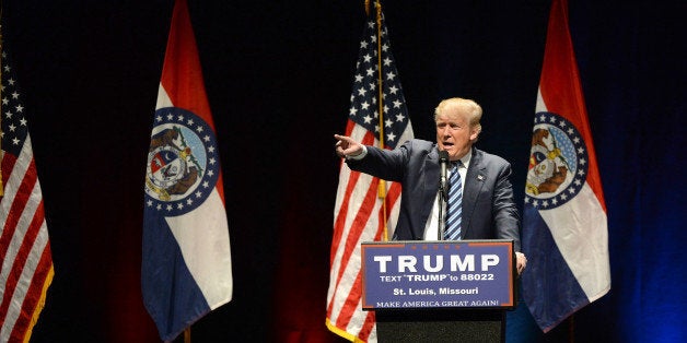 Saint Louis, MO, USA - March 11, 2016: Donald Trump talks to supporters at the Peabody Opera House in Downtown Saint Louis.