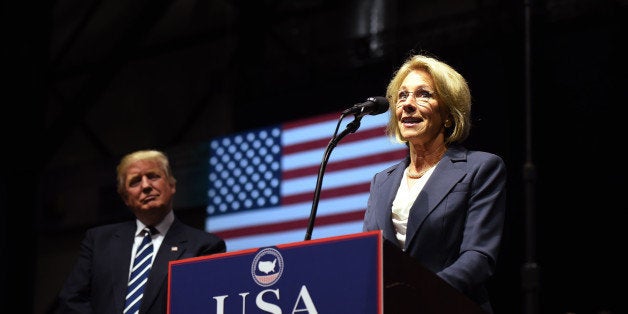 Betsy DeVos, picked by US President-elect Donald Trump for education secretary, speaks during the USA Thank You Tour December 9, 2016 in Grand Rapids, Michigan. / AFP / DON EMMERT (Photo credit should read DON EMMERT/AFP/Getty Images)